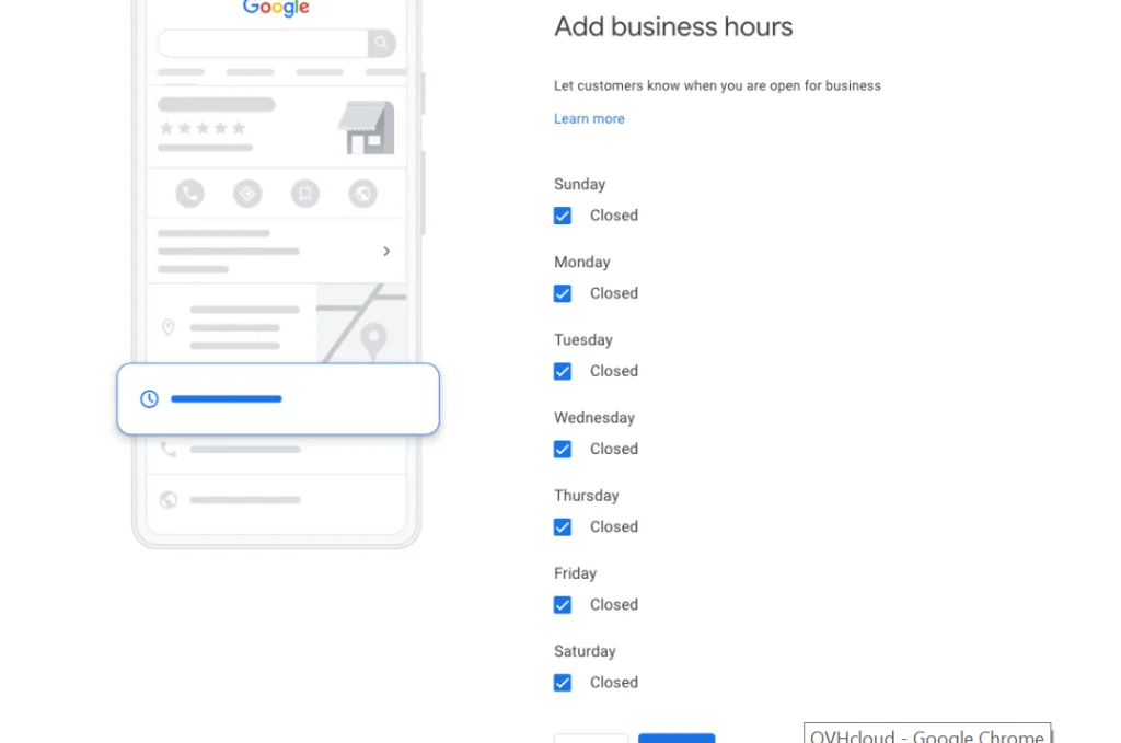 Google Business Profile dashboard showing add business hours