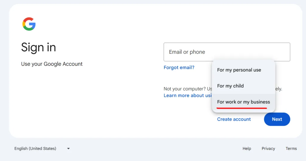 Google account sign in screen to create Google Business Profile